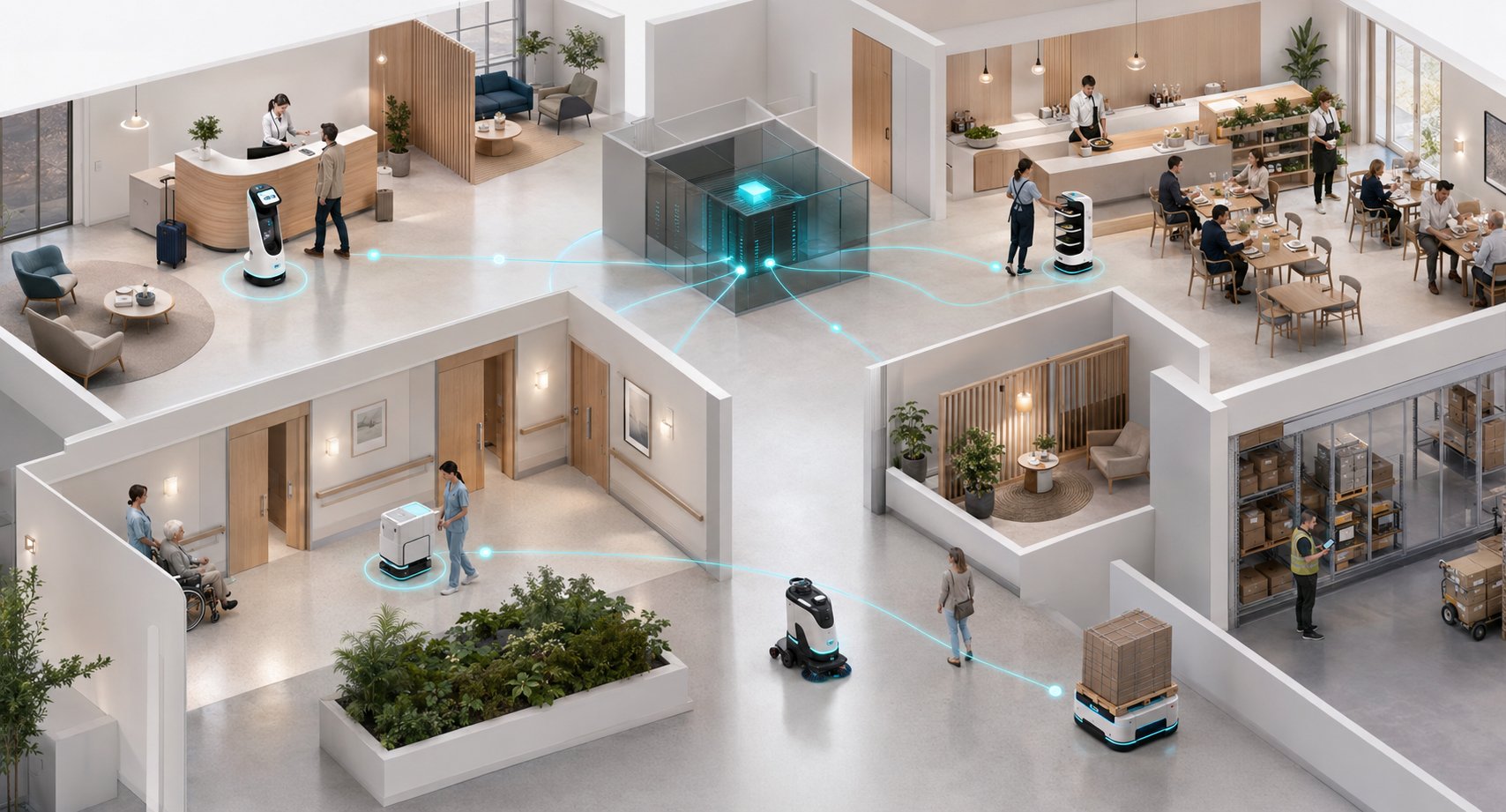 Vue d'ensemble d'un site robotisé : accueil, restauration, soins et logistique, tous les robots reliés au même serveur Rodexus